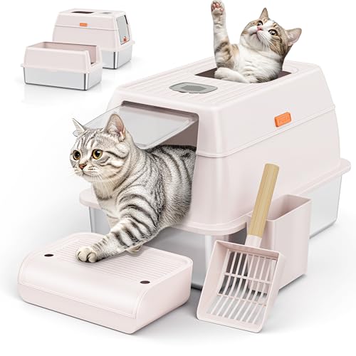 Katzentoilette aus Edelstahl mit Deckelschaufel, extra groß, geschlossene Metall-Katzentoilette, Fronteingang oben Ausgang abgedeckte Toilette Großkatzentoilette, abnehmbare Eck-Kitty-Katzentoilette Katzentoilette aus Edelstahl mit Deckelschaufel, extra groß, geschlossene Metall-Katzentoilette, Fronteingang oben Ausgang abgedeckte Toilette Großkatzentoilette, abnehmbare Eck-Kitty-Katzentoilette von Aoktech