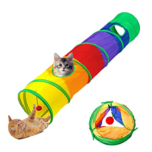 Aokuy Katzentunnel mit Spielball, Faltbarer Regenbogen Tunnel, Interaktive Peek-a-Boo Cat Tube Spielzeug mit Spaßball und 2 Guckloch ür Katze, Welpen, Kitty, Kätzchen, Kaninchen(2-Way) von Aokuy