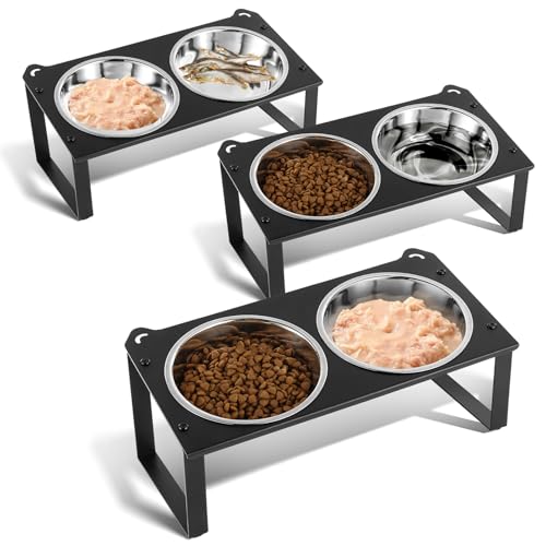 Erhöhte Futternäpfe für Katzen, 6 Edelstahlnäpfe für den Innenbereich, mit niedlichem Metallständer, um 10 ° geneigt, Anti-Erbrechen, erhöht, breit, flach, für mehrere Kätzchen, Welpen, 3 Stück von Aomafamzoy