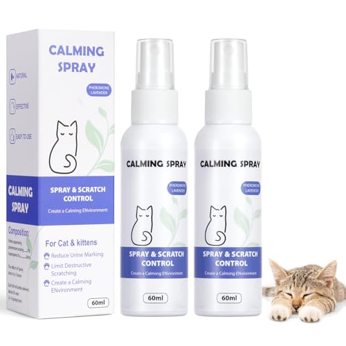 Aomig Beruhigungsspray für Katzen 2Pcs Beruhigendes Pheromon Set mit Stecker Lindert Ängste Stress Problemverhalten Gesichtspheromone für Katzen mit Beruhigender Entspannender Reisen Freien (120ml) von Aomig