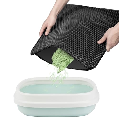 Aomig Katzenklo Matte Eva Katzenstreu Matte wasserdichte Katzenklo Katzentoilette Matte Unterleger Waben Design Katzenklo Vorleger Doppelte Schichte Katzenstreu Matte Katzenmatte (60 * 45cm, Schwarz) von Aomig
