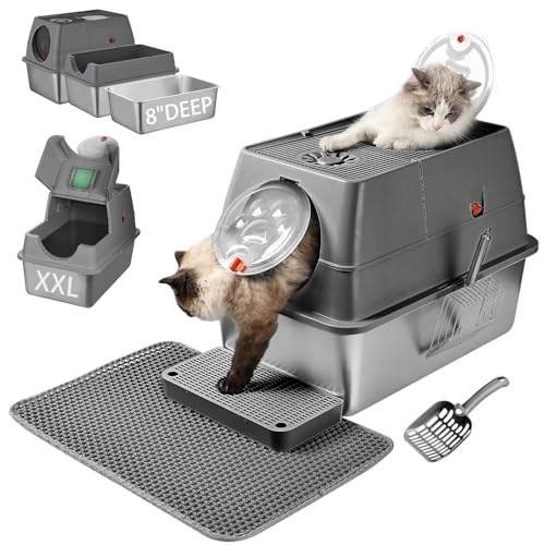 Katzentoilette aus Edelstahl mit Deckel, XL, extra groß, geschlossene Metall-Katzentoilette (unten um 5,1 cm erhöht), inklusive 2 Schaufeln und einer Katzentoilette. Leicht zu reinigen, vorne und oben von AooChonWoo