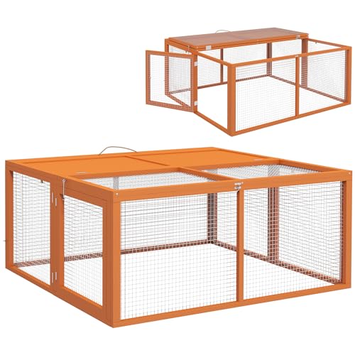 PawHut Faltbarer Kaninchenstall für 2-3 Nager mit mehreren Eingängen, Kaninchenkäfig aus Holz und Stahl, 110x105x50 cm, Orange von Aosom Italy