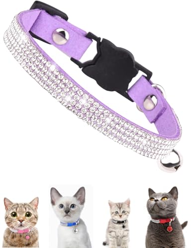 Aosora Katzenhalsband mit Strasssteinen und niedlichen Glöckchen, Leder-Katzenhalsband, Zubehör für Haustierhalsbänder, ideal für Mädchen, Katzen, männliche Katzen (lila) von Aosora