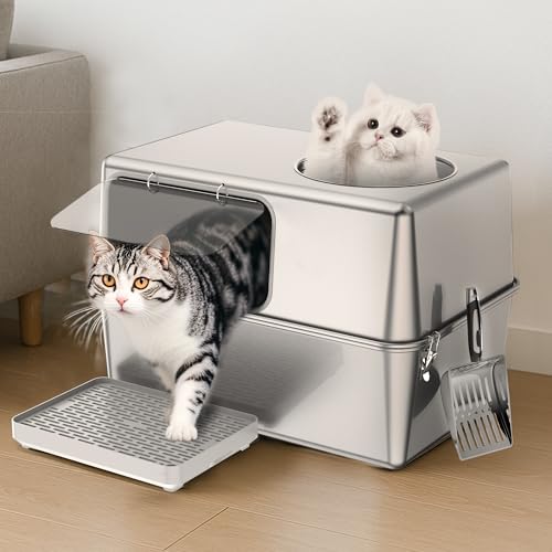 Aothey Geschlossene Edelstahl-Katzentoilette mit Deckel, geschlossenes Metall mit hohen Seiten, große Katzentoilette, hundefest, Geruchskontrolle, leicht zu reinigen, langlebig mit rundem Rand Aothey Geschlossene Edelstahl-Katzentoilette mit Deckel, geschlossenes Metall mit hohen Seiten, große Katzentoilette, hundefest, Geruchskontrolle, leicht zu reinigen, langlebig mit rundem Rand von Aothey