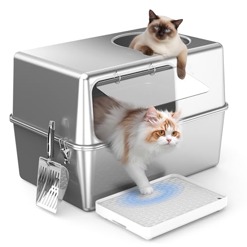 Aothey Geschlossene Katzentoilette aus Edelstahl mit Deckel, geschlossene Metalltoilette mit hohen Seiten, große Katzentoilette, hundefest, oberer und seitlicher Eingang, Geruchskontrolle, leicht zu Aothey Geschlossene Katzentoilette aus Edelstahl mit Deckel, geschlossene Metalltoilette mit hohen Seiten, große Katzentoilette, hundefest, oberer und seitlicher Eingang, Geruchskontrolle, leicht zu von Aothey