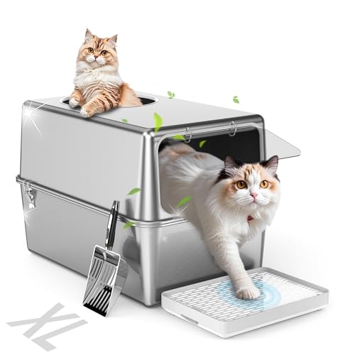 Aothey Katzentoilette aus Edelstahl mit Deckel, geschlossenes Metall mit hohen Seiten, große Katzentoilette, Hundesicher, Geruchskontrolle, leicht zu reinigen, langlebig mit rundem Rand (Frontöffnung) Aothey Katzentoilette aus Edelstahl mit Deckel, geschlossenes Metall mit hohen Seiten, große Katzentoilette, Hundesicher, Geruchskontrolle, leicht zu reinigen, langlebig mit rundem Rand (Frontöffnung) von Aothey