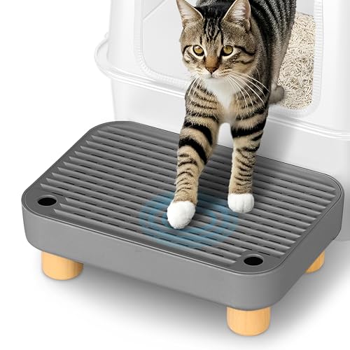 Katzentoilettenstufe, Katzentoilettenrampe Auffangbehälter mit Holzsockel, Anti-Tracking & leicht zu reinigen, ideal für kleine & ältere Katzen (Dunkelgrau) von Aothey