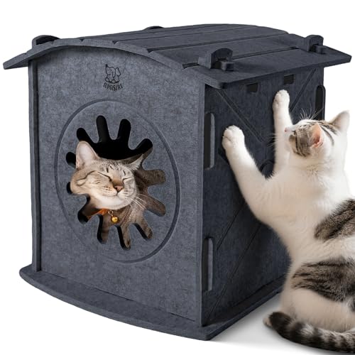 Katzenhäuser für Indoor-Katzen: Apasiri Filz-Katzenhaus Höhle Kathaus, 38,1 x 35,6 x 38,1 cm, kratzfestes Bett, warm isoliert, bedeckt, Versteckzelt für Angstlinderung, Geschenk, Grau von Apasiri
