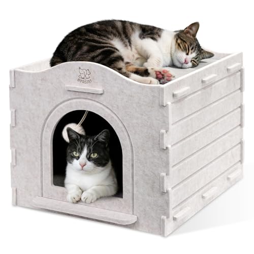 Katzenhaus für Indoor-Katzen: Geschlossenes Katzenbett Höhle mit hängendem Teaser-Ball, Spielzeug, krallenfähiger Würfel, hält 18 kg, strapazierfähiges Filz-Katzenkratzhaus, 38,1 x 38,1 x 33 cm, Beige von Apasiri