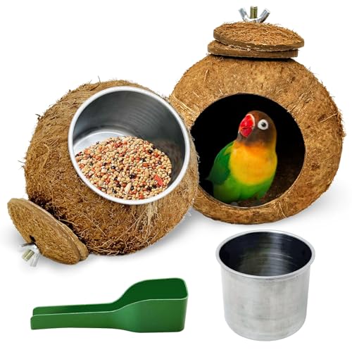 Apatal Natürliche Kokosnuss-Vogelfutterschale, 2 Stück, langlebig, Edelstahl, zum Aufhängen, Sittich, Käfigschalen mit Futterlöffel, Papageien, Wasserbecher für Nymphensittiche, Sittiche von Apatal