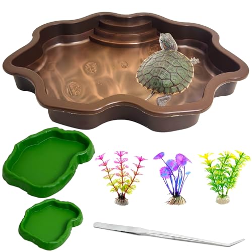Apatal Reptilien-Badeschale 2-in-1, Schildkröten-Wasserschale mit Rampe, extra großer Schildkröten-Futternapf mit Stufen, Blätter, Reptilienfutter und Wasserschalen, 7 Stück, Gecko-Lebensraum, von Apatal