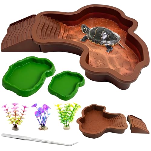 Apatal Reptilien-Badeschale 2-in-1 Schildkröte, Wasserschale mit Rampe, große Schildkröten-Futternapf mit Stufen, 5 Stück, Gecko-Lebensraum, Dekoration, Zubehör, Eidechsen-Badewanne von Apatal