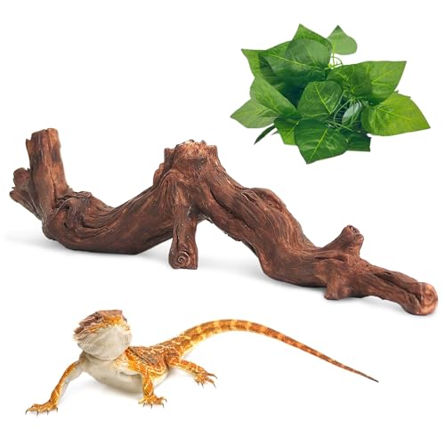 Apatal Reptilien-Kletterzweig-Dekor mit Blättern, 2 Stück, Harz-Zweige für Eidechsen-Terrarium, Lebensraum, Dekoration für Bartagamen, Gecko, Schlange, Frosch, Chamäleon, 24,6 cm von Apatal