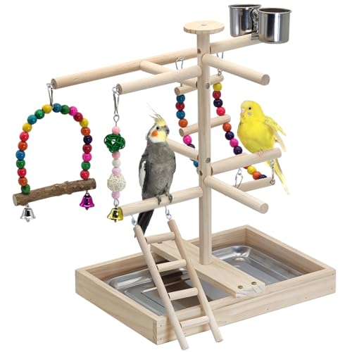 Apatal Vogelspielplatz für Training und Spielen, Naturholz, Papageien-Sitzstange, Dschungel-Fitnessstudio, Kauspielzeug mit hängender Leiter und Edelstahl-Futterstation, Sittichkäfig, Spielständer für Apatal Vogelspielplatz für Training und Spielen, Naturholz, Papageien-Sitzstange, Dschungel-Fitnessstudio, Kauspielzeug mit hängender Leiter und Edelstahl-Futterstation, Sittichkäfig, Spielständer für von Apatal