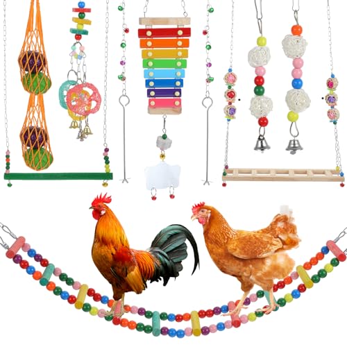 Aphumedc Hühnerspielzeug für Stallzubehör, inklusive Schaukel-Set, Xylophon, Spiegelspielzeug, flexible Leiter, Gemüseschnurbeutel und Futterspender zum Aufhängen, Stallzubehör, Geschenke für Hühner von Aphumedc