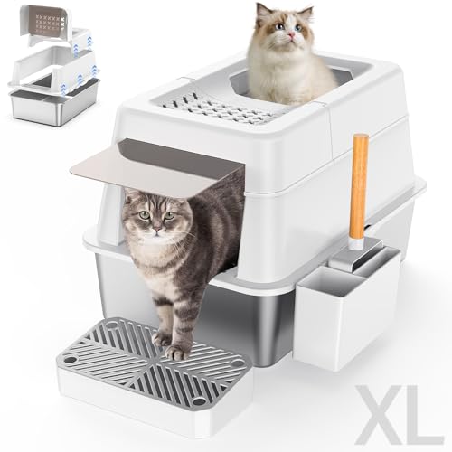 Aphyxen Katzentoilette aus Edelstahl mit Deckel, XL Extra große geschlossene Katzentoilette für große Katzen, 110° Klappdeckel, Top-Entry Metall hohe Seiten Katzenbox & Pedal & Schaufel, Anti-Leckage Aphyxen Katzentoilette aus Edelstahl mit Deckel, XL Extra große geschlossene Katzentoilette für große Katzen, 110° Klappdeckel, Top-Entry Metall hohe Seiten Katzenbox & Pedal & Schaufel, Anti-Leckage von Aphyxen
