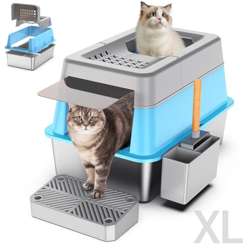 Aphyxen Katzentoilette aus Edelstahl mit Deckel, XL Extra große geschlossene Katzentoilette für große Katzen, 110° Klappdeckel, Top-Entry Metall hohe Seiten Katzenbox & Pedal & Schaufel, Anti-Auslauf von Aphyxen