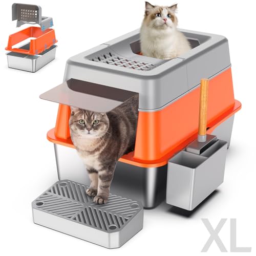 Aphyxen Katzentoilette aus Edelstahl mit Deckel, XL Extra große geschlossene Katzentoilette für große Katzen, 110° Klappdeckel, Top-Entry Metall hohe Seiten Katzenbox & Pedal & Schaufel, Anti-Auslauf von Aphyxen