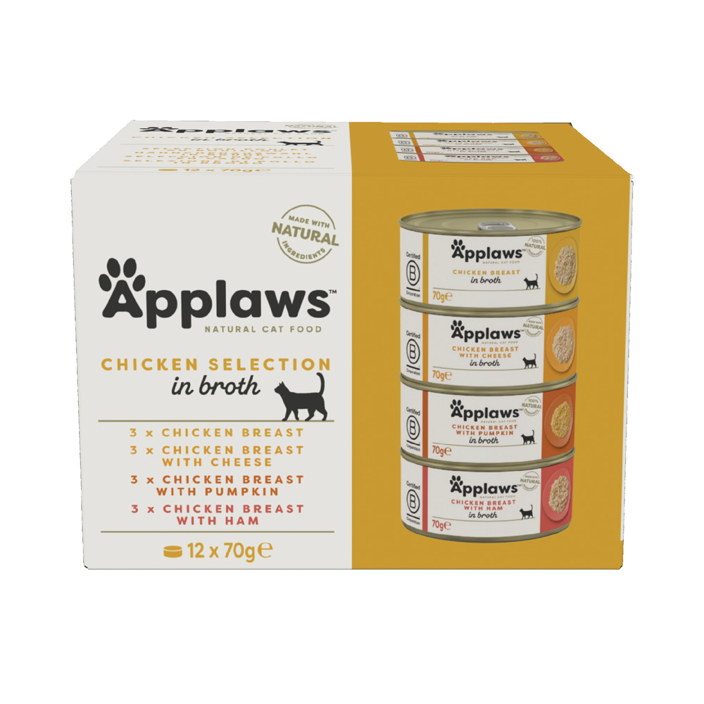 10 + 2 gratis! 12 x 70 g Applaws Adult Dose Mix - Mixpaket Hühnchen in Brühe (4 Sorten) von Applaws
