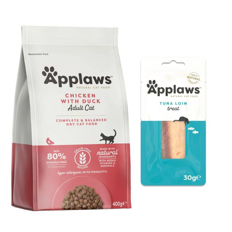 350 g / 400 g Applaws Trockenfutter + 30 g Loin Thunfisch Snack gratis! - Adult Huhn mit Ente 400 g von Applaws