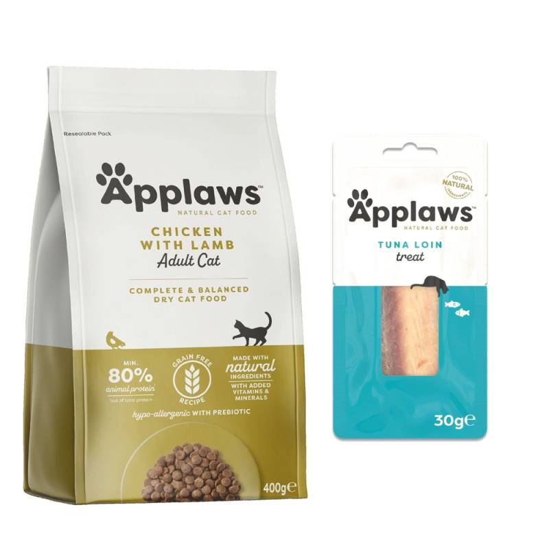 350 g / 400 g Applaws Trockenfutter + 30 g Loin Thunfisch Snack gratis! - Adult Huhn mit Lamm 400 g von Applaws