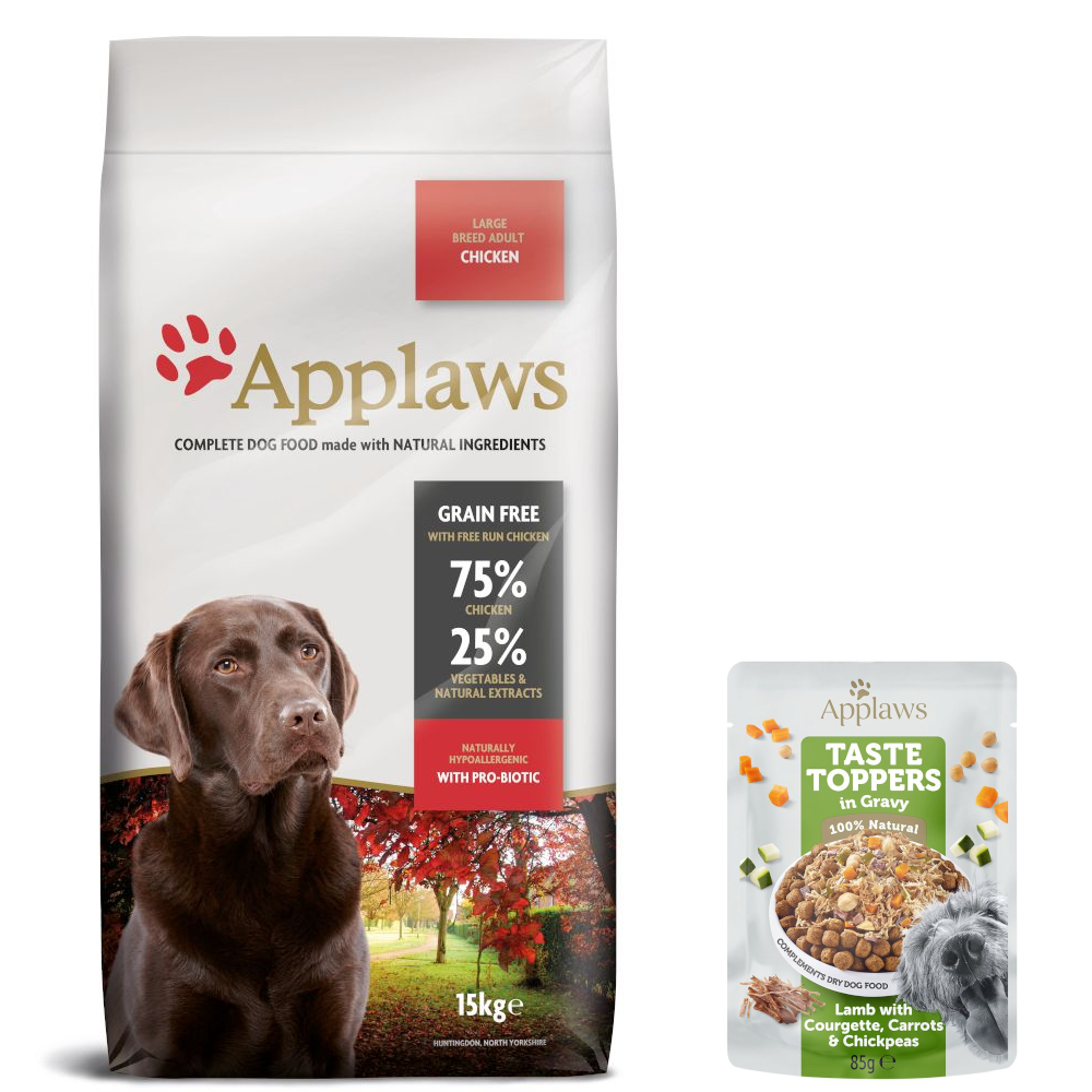 7,5 kg / 15 kg Applaws Trockenfutter + 85 g Taste Topper Lamm gratis! - 15 kg Adult Huhn Große Rassen von Applaws