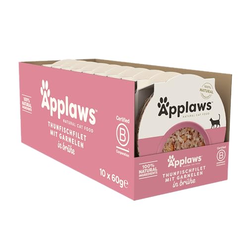 Applaws 100% Natürliches Katzennassfutter, Thunfischfilet mit Garnelen im Brühe-Topf, 60g (10 x 60g) von Applaws