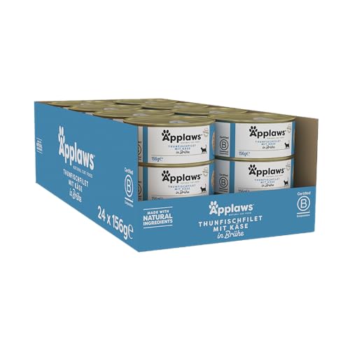 Applaws 100% natürliches Premium-Nassfutter für Katzen, Thunfischfilet mit Käse in Brühe - Packung mit 24 x 156g Dosen von Applaws