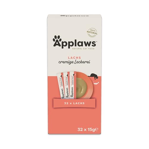 Applaws 100% natürlicher, getreidefreier, cremiger Lachs-Snack für Katzen und Kätzchen, 32 x 15g Beutel von Applaws