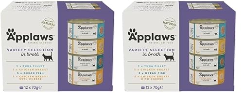 Applaws 100% natürliches Premium-Nassfutter für Katzen in Brühe für ausgewachsene Katzen - Thunfisch, Huhn, Meeresfisch Gemischte Auswahl in Brühe - Packung mit 12 x 70g Dosen (Packung mit 2) von Applaws