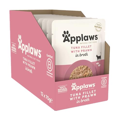Applaws Premium Natural Katzenfutter Nass, Thunfischfilet mit pazifischer Garnele in Brühe 70g Portionsbeutel (12x70g ) von Applaws