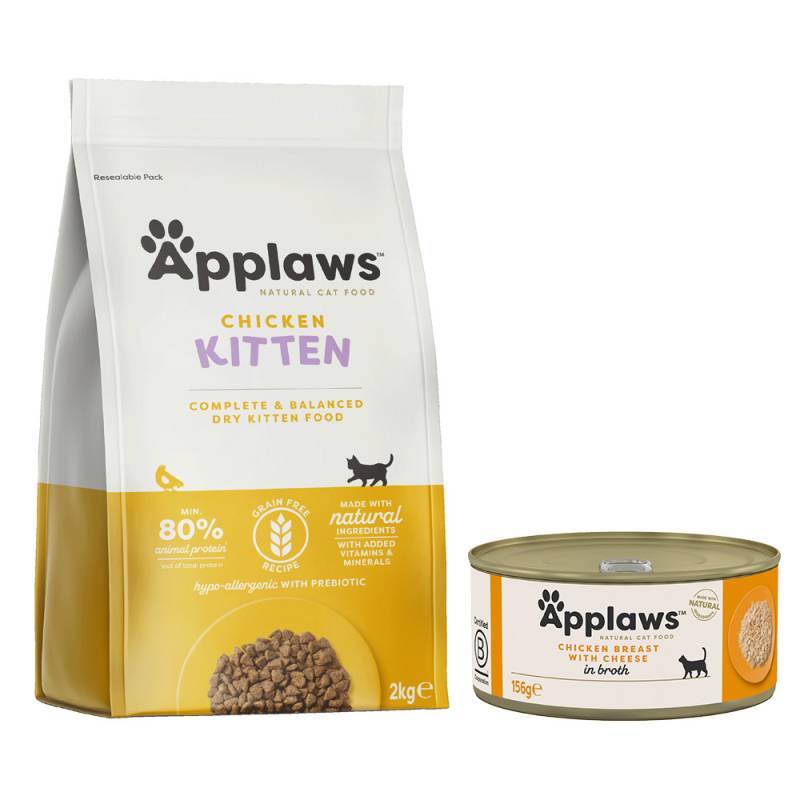 Applaws Mischfütterung: Trocken- & Nassfutterpaket - 2 kg Kitten-Trockenfutter + 6 x 156 g Hühnchenbrust & Käse von Applaws