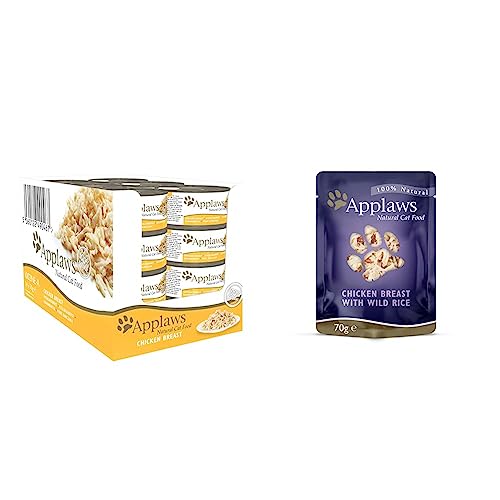 Applaws Premium Natural Katzenfutter Nass, Huhn in Brühe 70g Dose (Packung 24x70g) & Premium Natural Katzenfutter Nass, Huhn mit Wildreis in Brühe 70g Portionsbeutel (12x70g) von Applaws