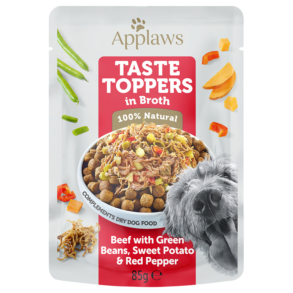 Sparpaket Applaws Taste Toppers Pouch in Brühe 24 x 85 g - Rind mit grünen Bohnen, Süßkartoffel & roter Paprika von Applaws