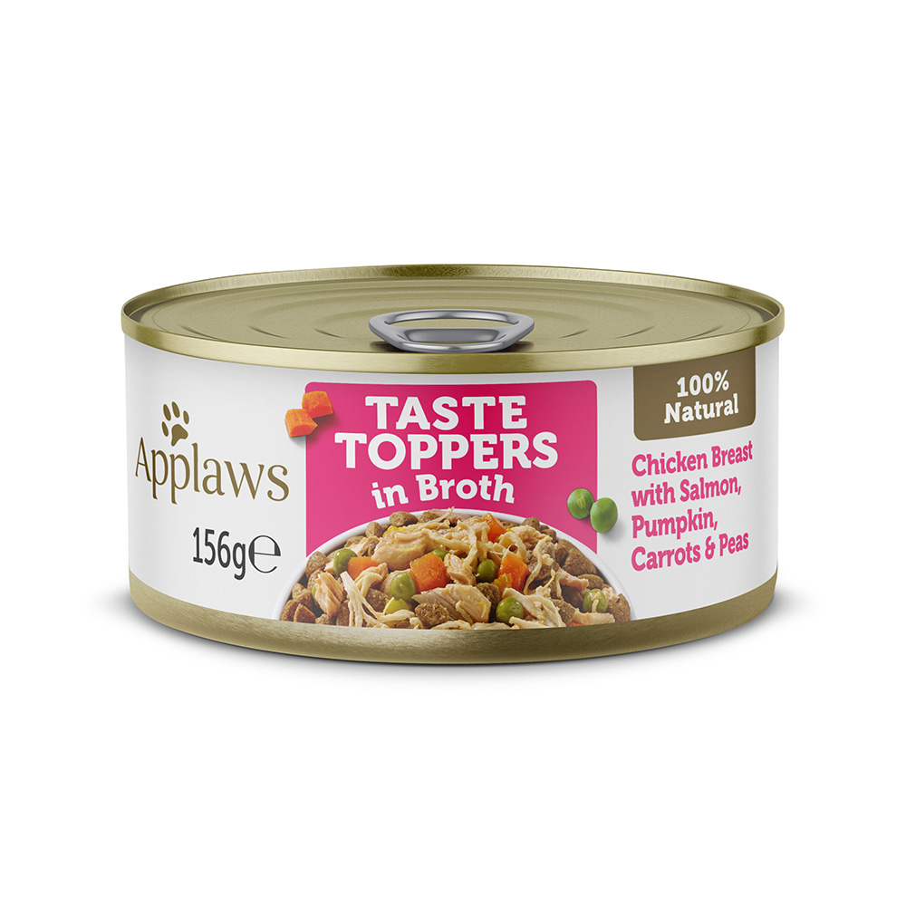 Sparpaket Applaws Taste Toppers in Brühe 12 x 156 g - Huhn mit Lachs, Kürbis, Karotten & Erbsen von Applaws