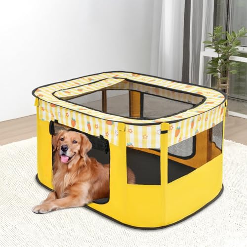 Apriltop 110x85x58 cm Faltbares Haustierzelt mit Mesh, aus 600D Oxford Gewebe, Tragbarer Laufstall für Katze, Hund und Kaninchen, mit Aufbewahrungstasche, Türvorhang mit Klebeband (Gelb) von Apriltop