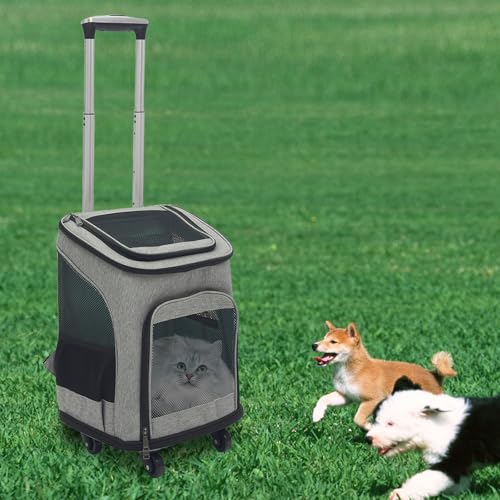Apriltop Große Kapazität Haustier Rucksack, Hunderucksack bis 7,5 Kg, Katzen Trolley mit 4 Rollen bis 9 Kg, Teleskopstange und Vierseitiges Netzdesign, für Reisen, Wandern, Camping (Grau) von Apriltop