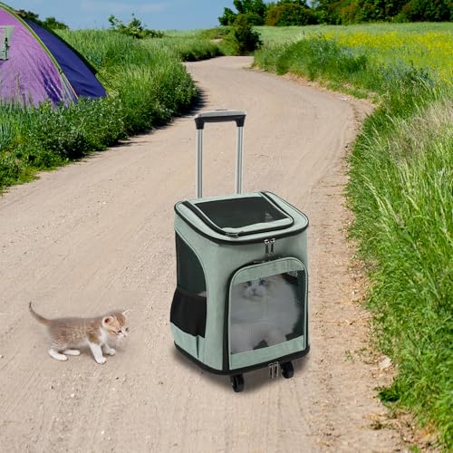 Apriltop Große Kapazität Haustier Rucksack, Hunderucksack bis 7,5 Kg, Katzen Trolley mit 4 Rollen bis 9 Kg, Teleskopstange und Vierseitiges Netzdesign, für Reisen, Wandern, Camping (Grün) von Apriltop
