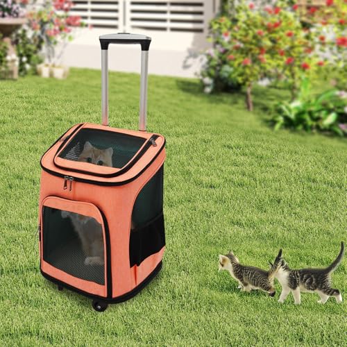 Apriltop Große Kapazität Haustier Rucksack, Hunderucksack bis 7,5 Kg, Katzen Trolley mit 4 Rollen bis 9 Kg, Teleskopstange und Vierseitiges Netzdesign, für Reisen, Wandern, Camping (Orange) von Apriltop