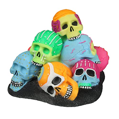 Aqua Della, Aquarium-Ornament Dia De Los Muertos Totenköpfe Batterie 15,1 x 14,2 x 11,8 cm, aus Polyesterharz, leuchtet im Dunkeln, fluoreszierend unter blauem Licht, harmlos und pH-neutral von Aqua Della