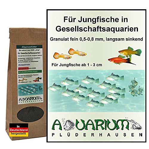 Aquarium-Plüderhausen Aufzuchtfutter speziell f. Jungfische in Gesellschaftsaquarien, Guppy, Platy,Lebendgebärende Aber auch Tropheus-Arten, Gran 0,5-0,8mm, 100 ml / 50g von Aquarium-Plüderhausen