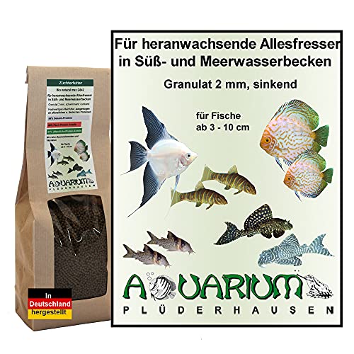 Aquarium-Plüderhausen Fischfutter für alle heranwachsende Süß- u.Meerwasserfische, viel Proteine,Aufzucht- und Hauptfutter, Gran 2mm, 340g/500ml von Aquarium-Plüderhausen