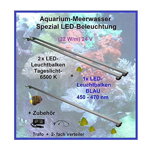Meerwasser Aquarium - LED-Leuchtbalken 100cm, 3 Leisten, 2xTageslicht + 1x Blau mit Trafo 60W und Verteiler von AQUARIUM PLÜDERHAUSEN