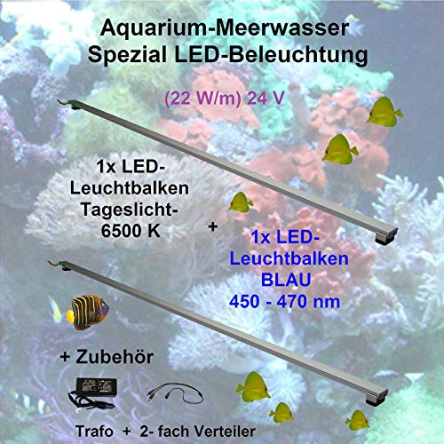 Meerwasser Aquarium - LED-Leuchtbalken 120cm, 2 Leisten, Tageslicht + Blau mit Trafo 60W und Verteiler von AQUARIUM PLÜDERHAUSEN