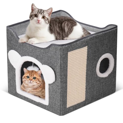 Katzenbetten für Indoor-Katzen, großes Katzenhaus Faltbare Katzenhöhle mit Kratzunterlage und hängendem flauschigem Ball, wendbares Kissen, Versteck für Haustierkatzen, 41,9 x 41,9 x 33,5 cm von Areerlaf