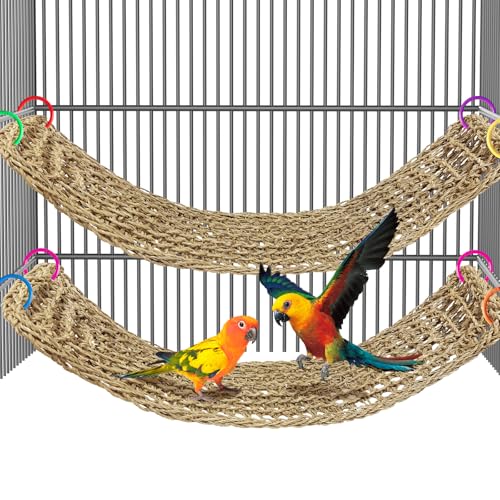 Arfubye 2 x 74,9 x 17,8 cm große Vogelmatte aus Seegras aus gewebtem Netz für Papageien, Hängematte für Sittiche, Kletterseil, Leiter mit Haken, Vogelkäfig-Zubehör für Nymphensittiche, Wellensittiche, von Arfubye