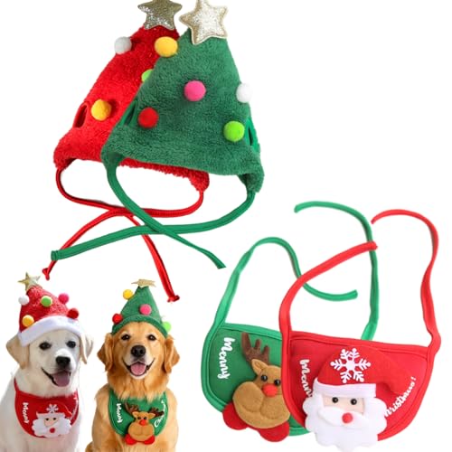 Argumub Entzückende Weihnachtsbaum-Pompon-Mütze, Weihnachtsmannkostüm Für Hunde, Verstellbare Weihnachtsmütze Und Lätzchen-Set Für Haustiere Für Festivals, Partys, Fotos (Grün+Rot, L) von Argumub