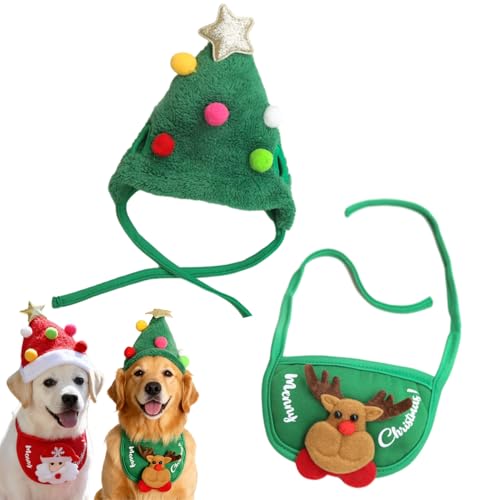 Argumub Entzückende Weihnachtsbaum-Pompon-Mütze, Weihnachtsmannkostüm Für Hunde, Verstellbare Weihnachtsmütze Und Lätzchen-Set Für Haustiere Für Festivals, Partys, Fotos (Grün, S) von Argumub