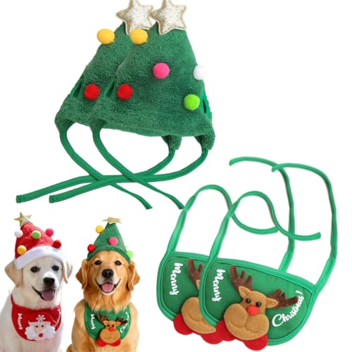 Argumub Entzückende Weihnachtsbaum-Pompon-Mütze, Weihnachtsmannkostüm Für Hunde, Verstellbare Weihnachtsmütze Und Lätzchen-Set Für Haustiere Für Festivals, Partys, Fotos (Grün, S+L) von Argumub